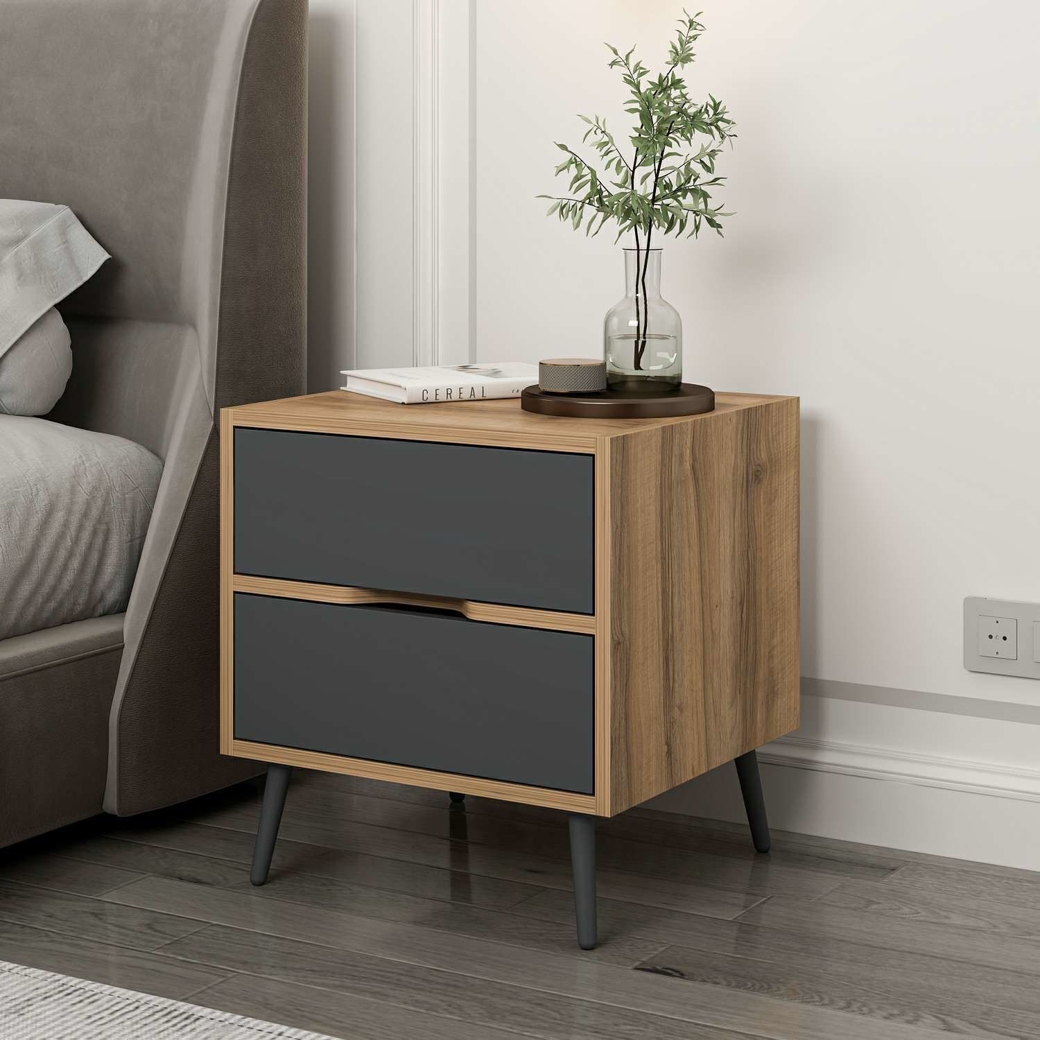 Elina Ayaklı 2 Çekmeceli Komodin - Dore/Antrasit