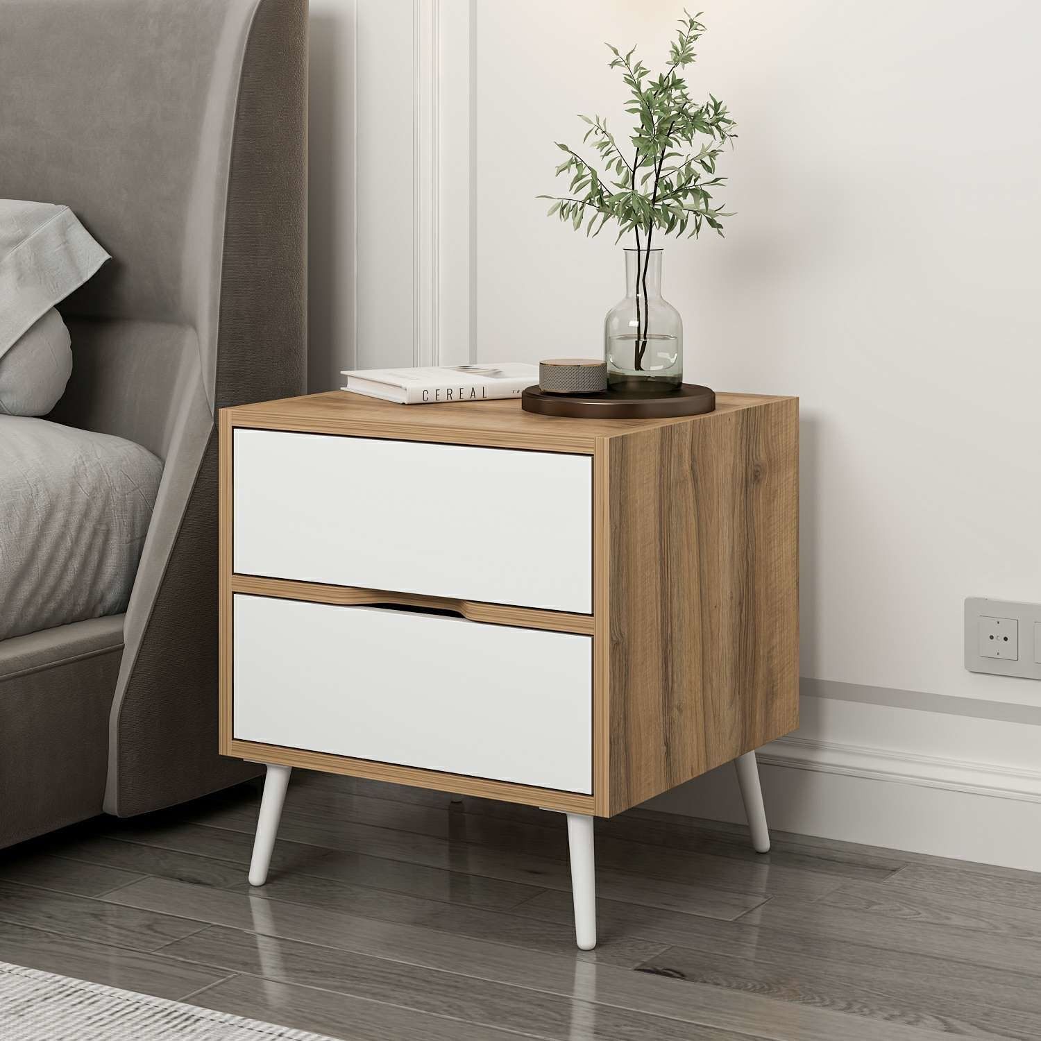 Elina Ayaklı 2 Çekmeceli Komodin - Dore/Beyaz