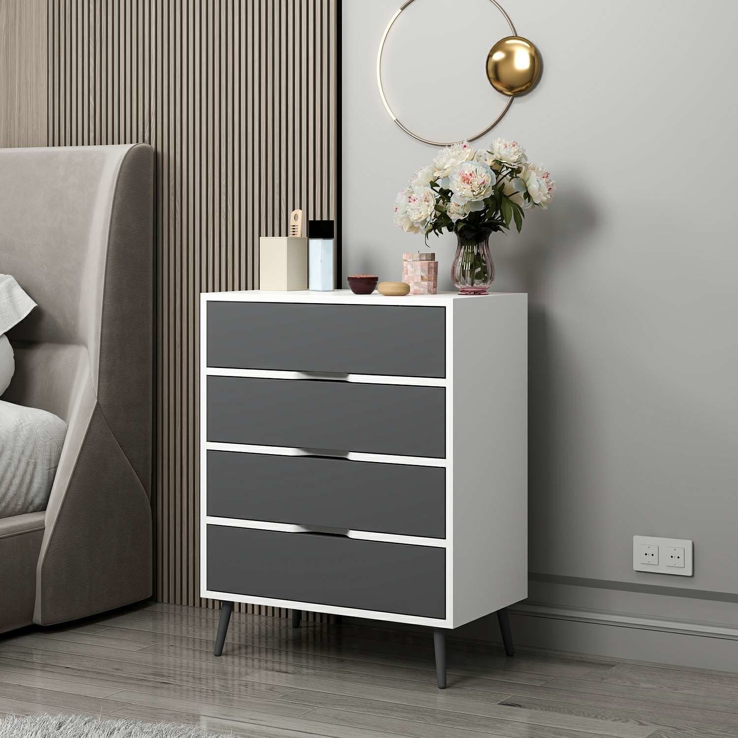 Elina Ayaklı 4 Çekmeceli Şifonyer - Beyaz/Antrasit