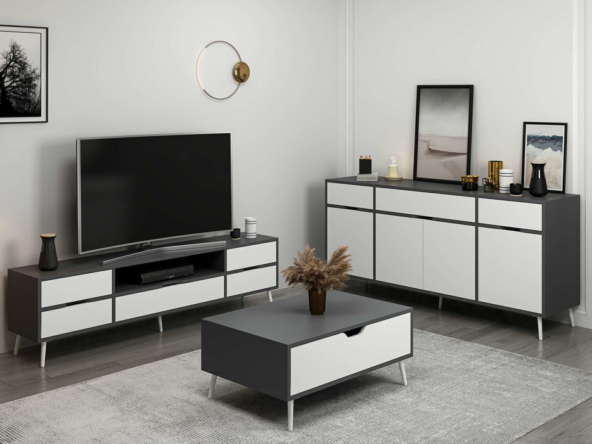 Elina Ayaklı Oturma Odası Set1 - Antrasit/Beyaz