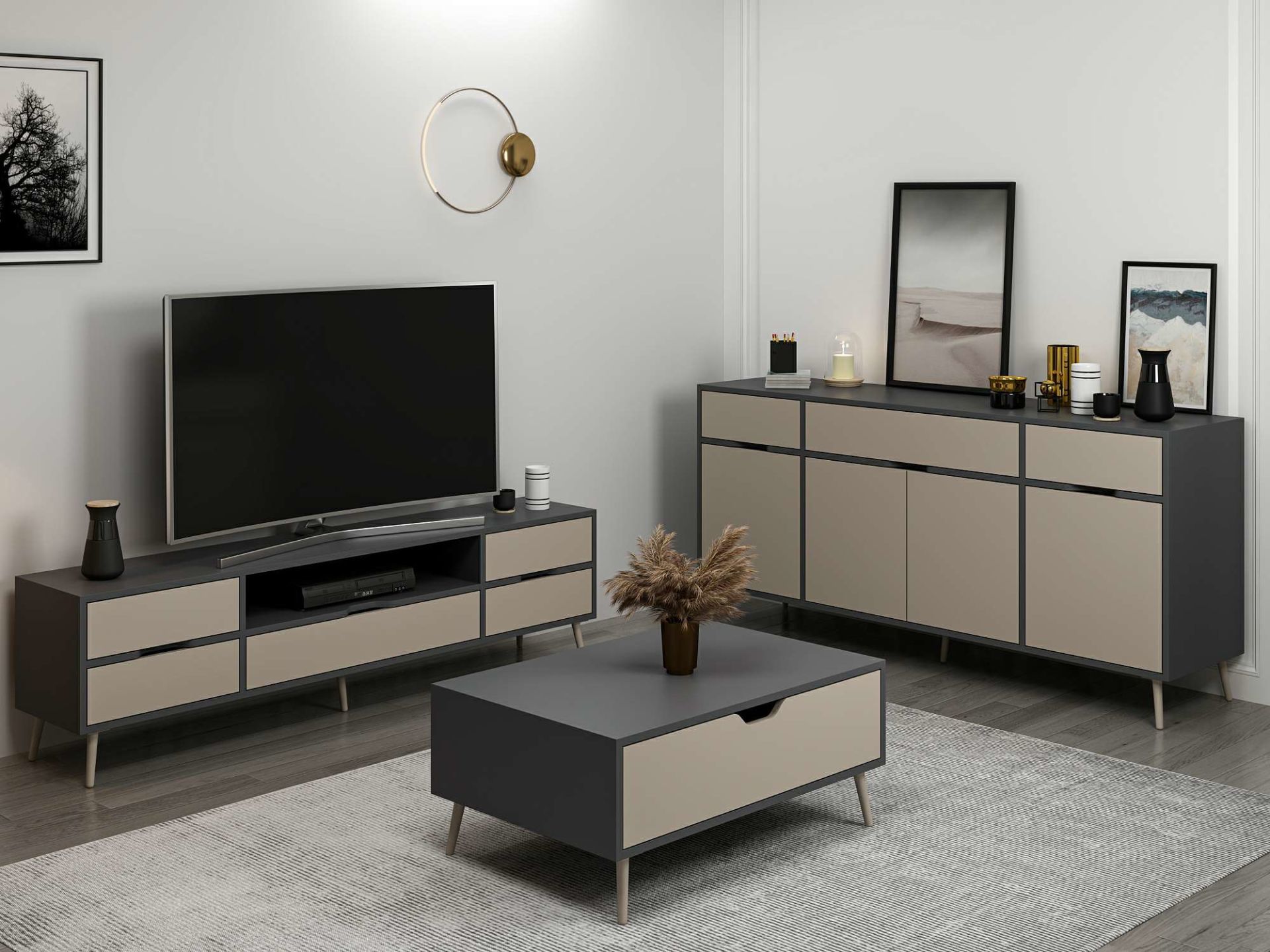 Elina Ayaklı Oturma Odası Set1 - Antrasit/Kumtaşı