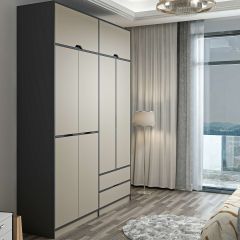 Elina 4 Kapaklı Dolap + Yüklük - Antrasit/Kumtaşı