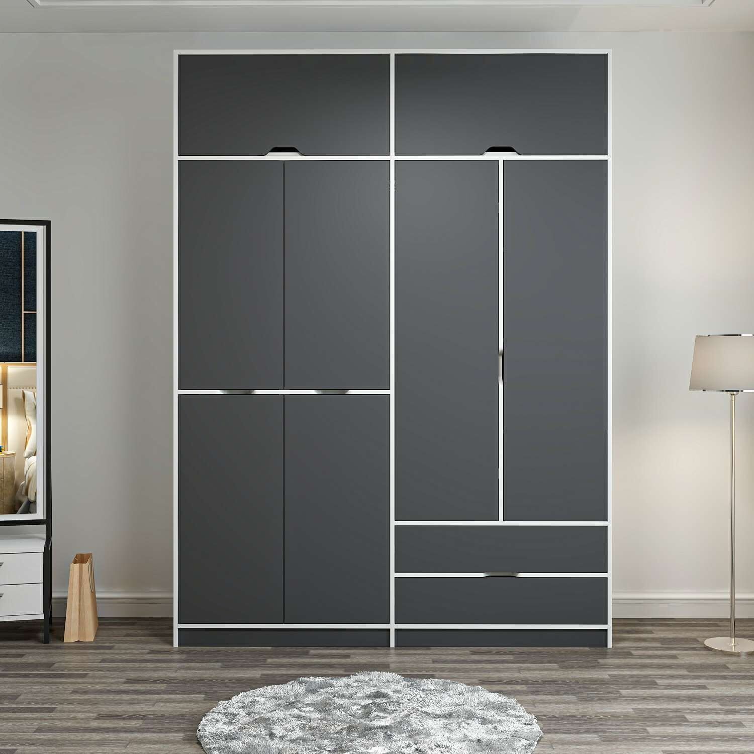 Elina 4 Kapaklı Dolap + Yüklük - Beyaz/Antrasit