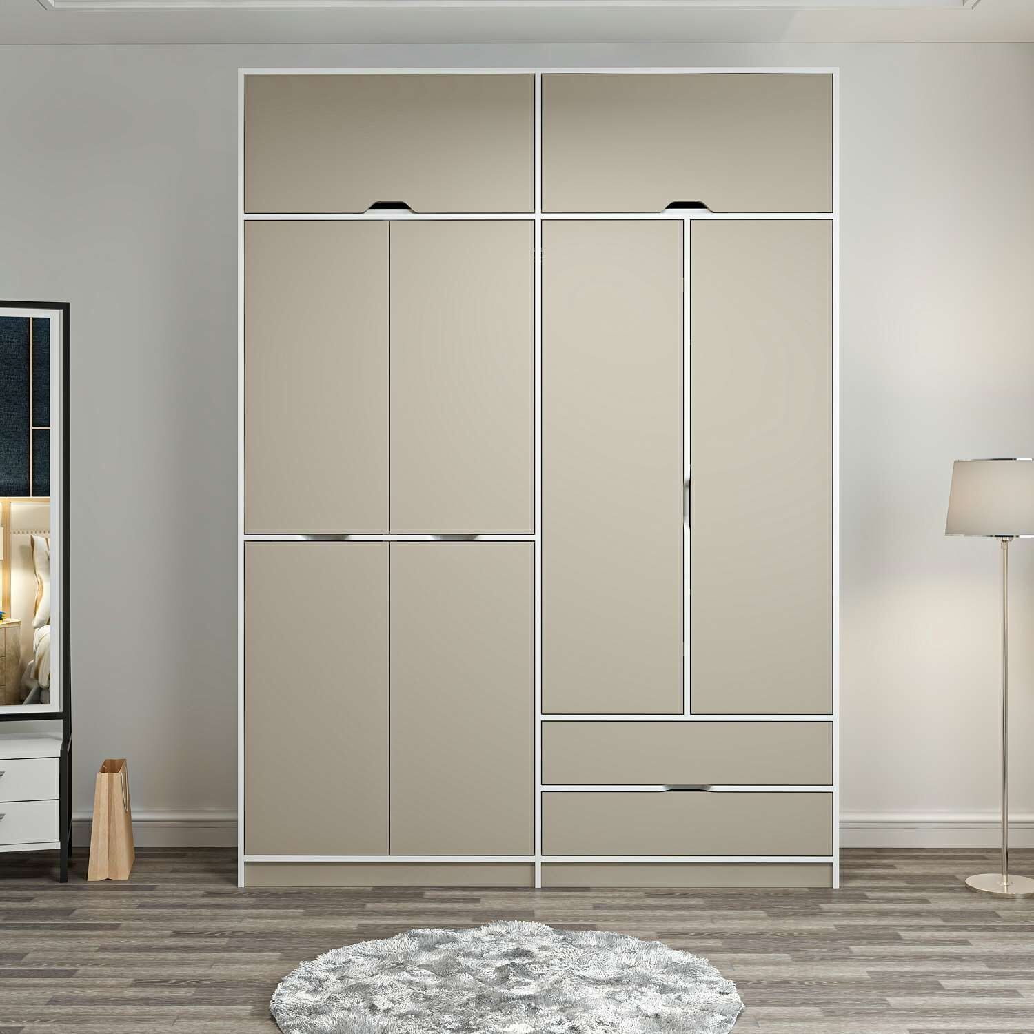 Elina 4 Kapaklı Dolap + Yüklük - Beyaz/Kumtaşı