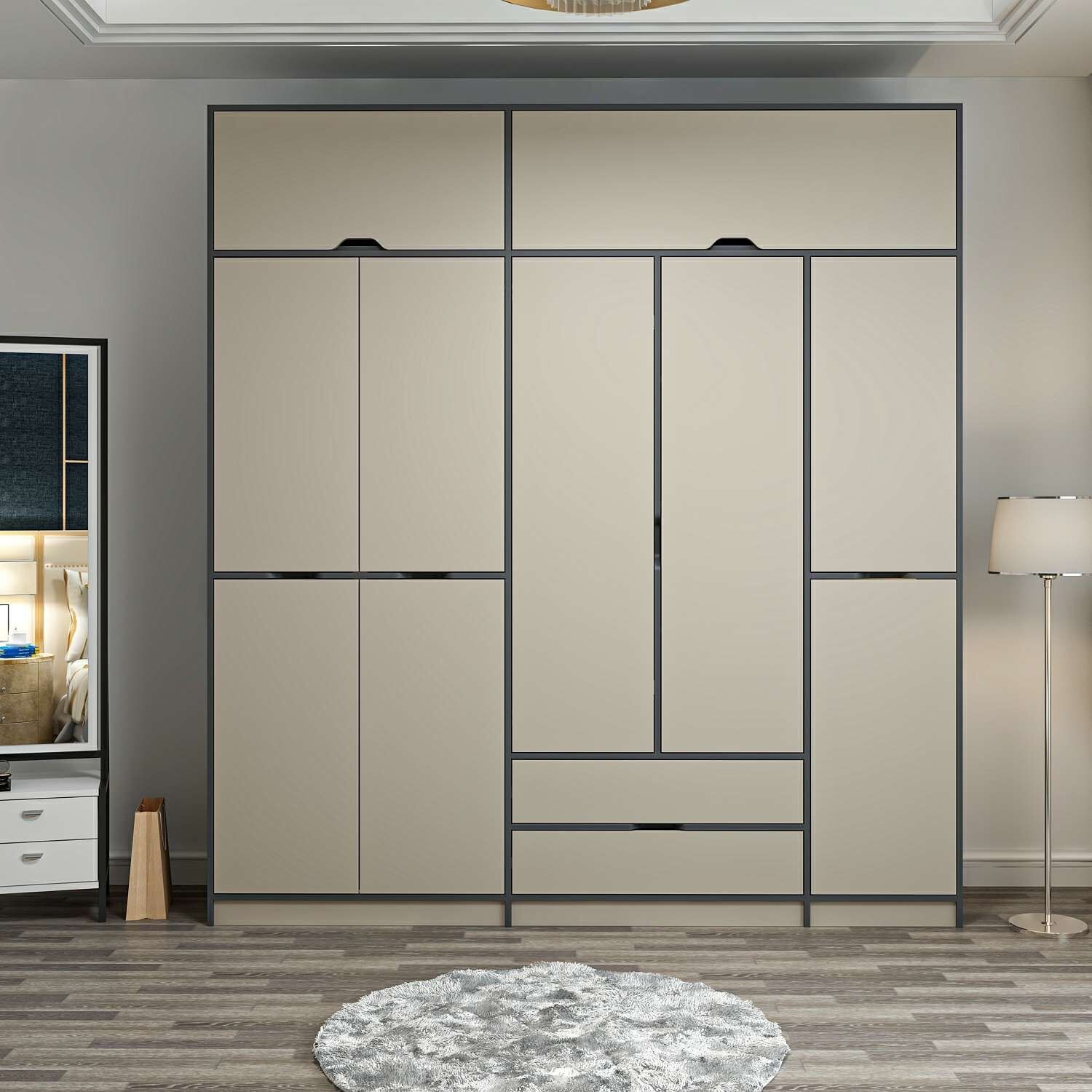 Elina 5 Kapaklı Dolap + Yüklük - Antrasit/Kumtaşı