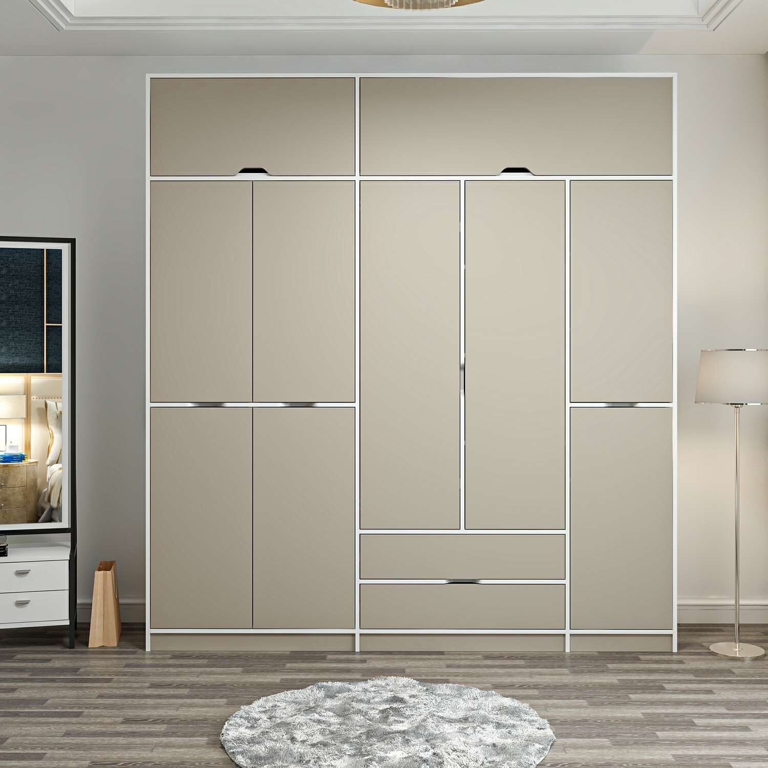 Elina 5 Kapaklı Dolap + Yüklük - Beyaz/Kumtaşı