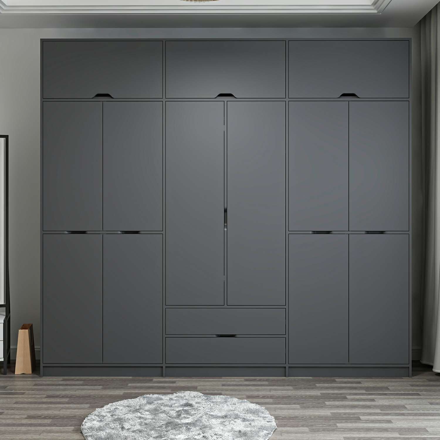 Elina 6 Kapaklı Dolap + Yüklük - Antrasit/Antrasit