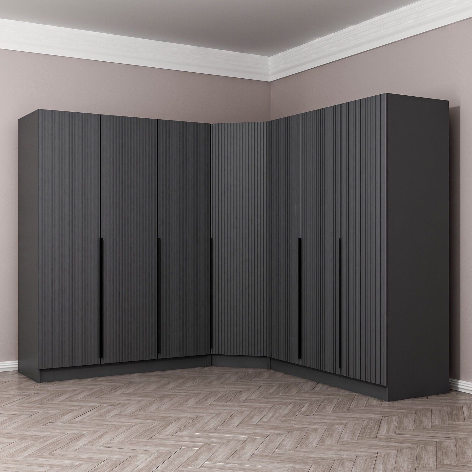 Kaleplus 7 Kapaklı 4 Çekmeceli Köşe Dolap Antrasit Mebran Antrasit Çizgili