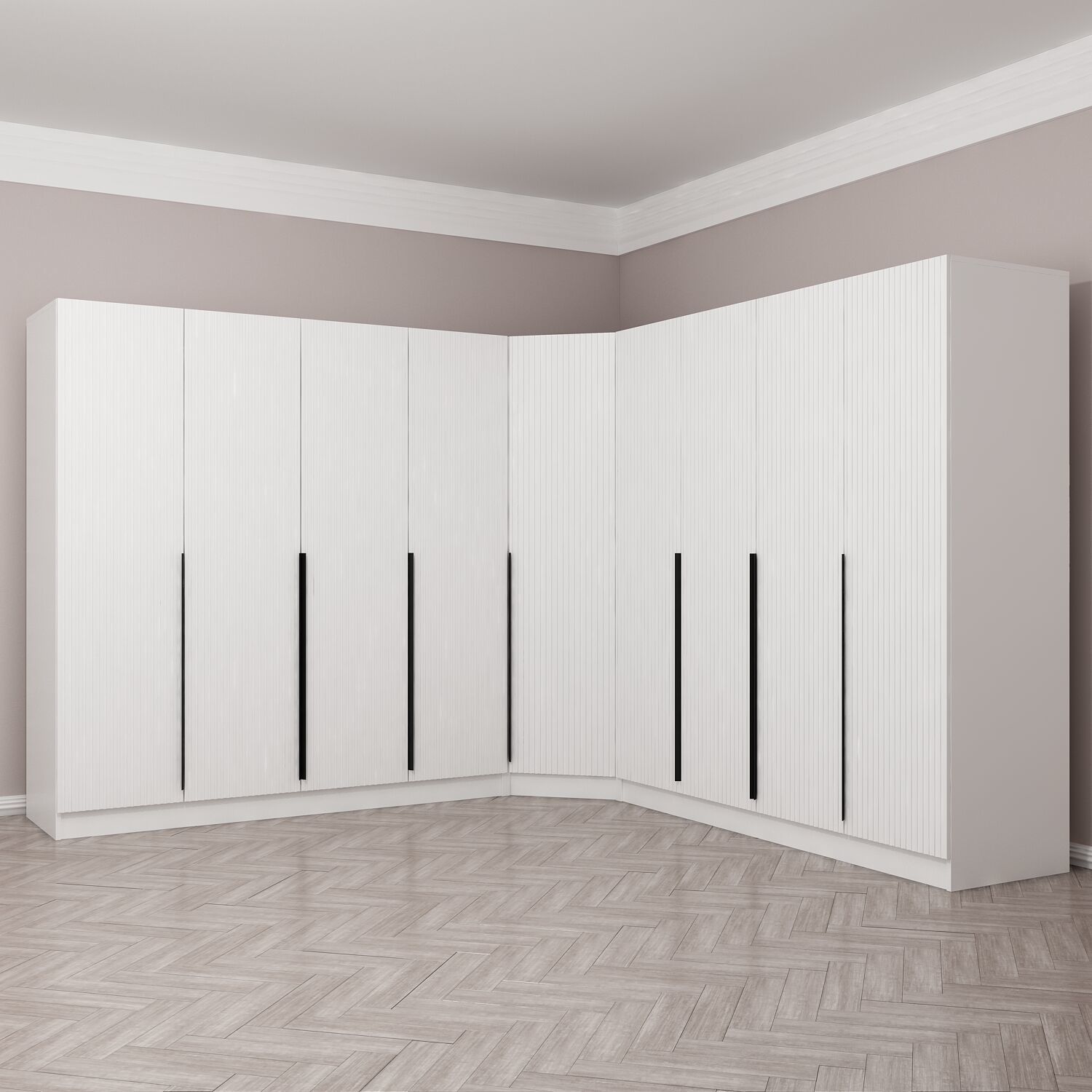 Kaleplus 9 Kapaklı 4 Çekmeceli Köşe Dolap Beyaz Mebran Beyaz Çizgili