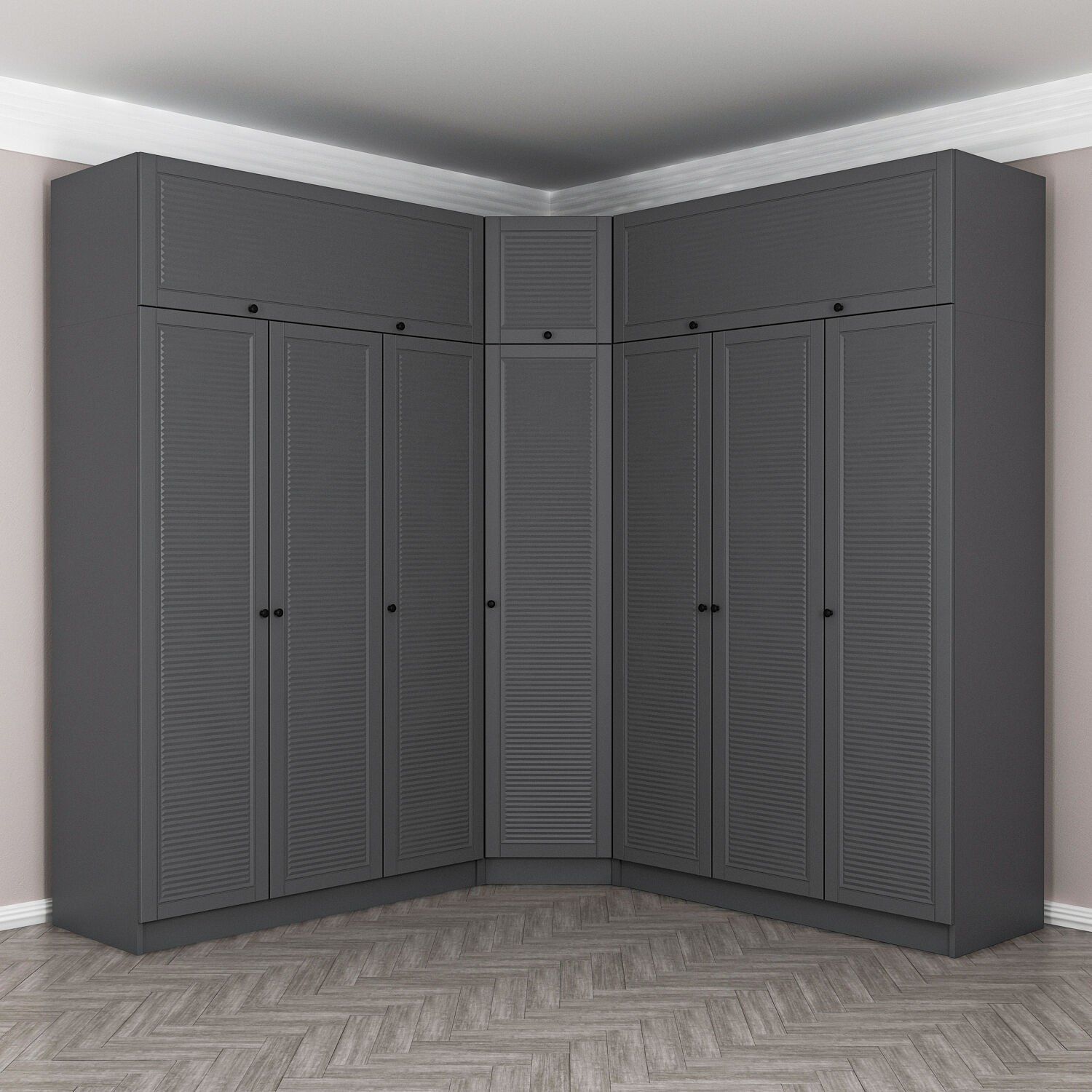 Kale 7 Kapaklı 4 Çekmeceli Köşe Dolap + Yüklük Antrasit Mebran Panjur