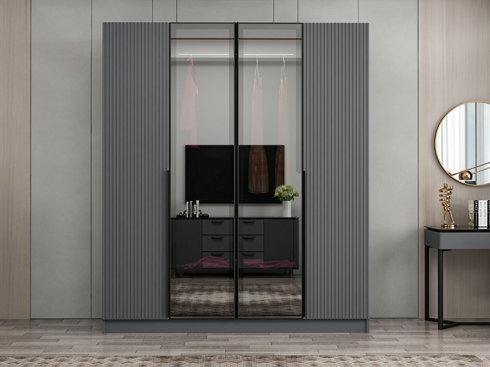 Nisa Plus 4 Kapaklı 2 Çekmece Dolap Antrasit Mebran Reflekte Cam