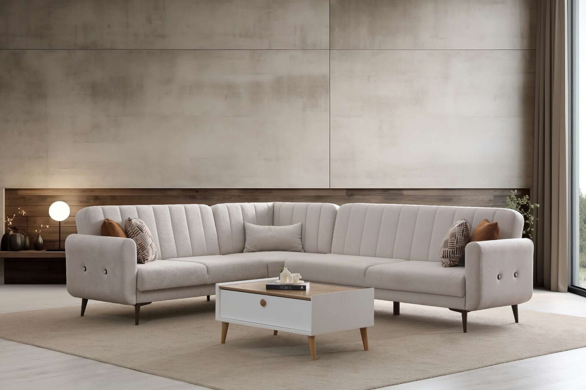 Bona 3 + L Köşe+3'Lü Köşetakımı Bej Valebo-03 Ceviz Ayak