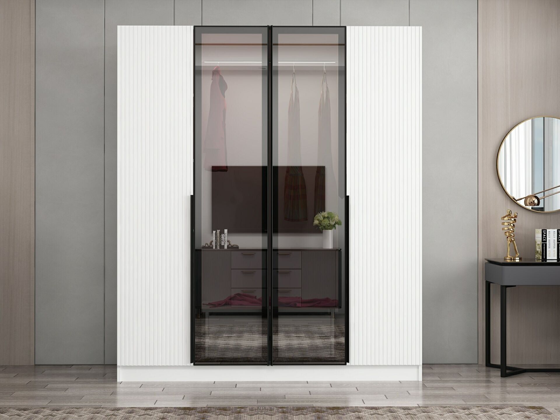 Nisa Plus 4 Kapaklı 2 Çekmece Dolap Beyaz Mebran Reflekte Cam