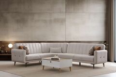 Bona 3 + C Köşe+2 Köşe Takımı Bej Valebo-03 Ceviz Ayak