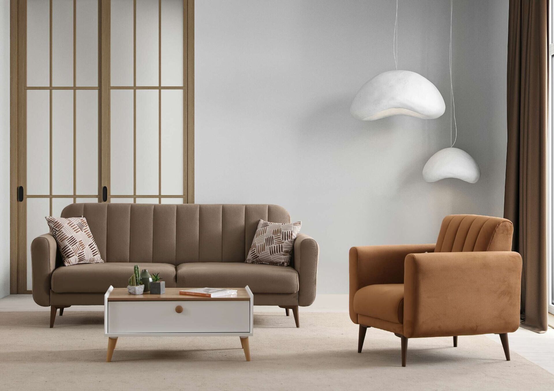 Bona 3+1 Berjer Koltuk Takımı Haki (Valebo-06-Valebo-16) Ceviz Ayak