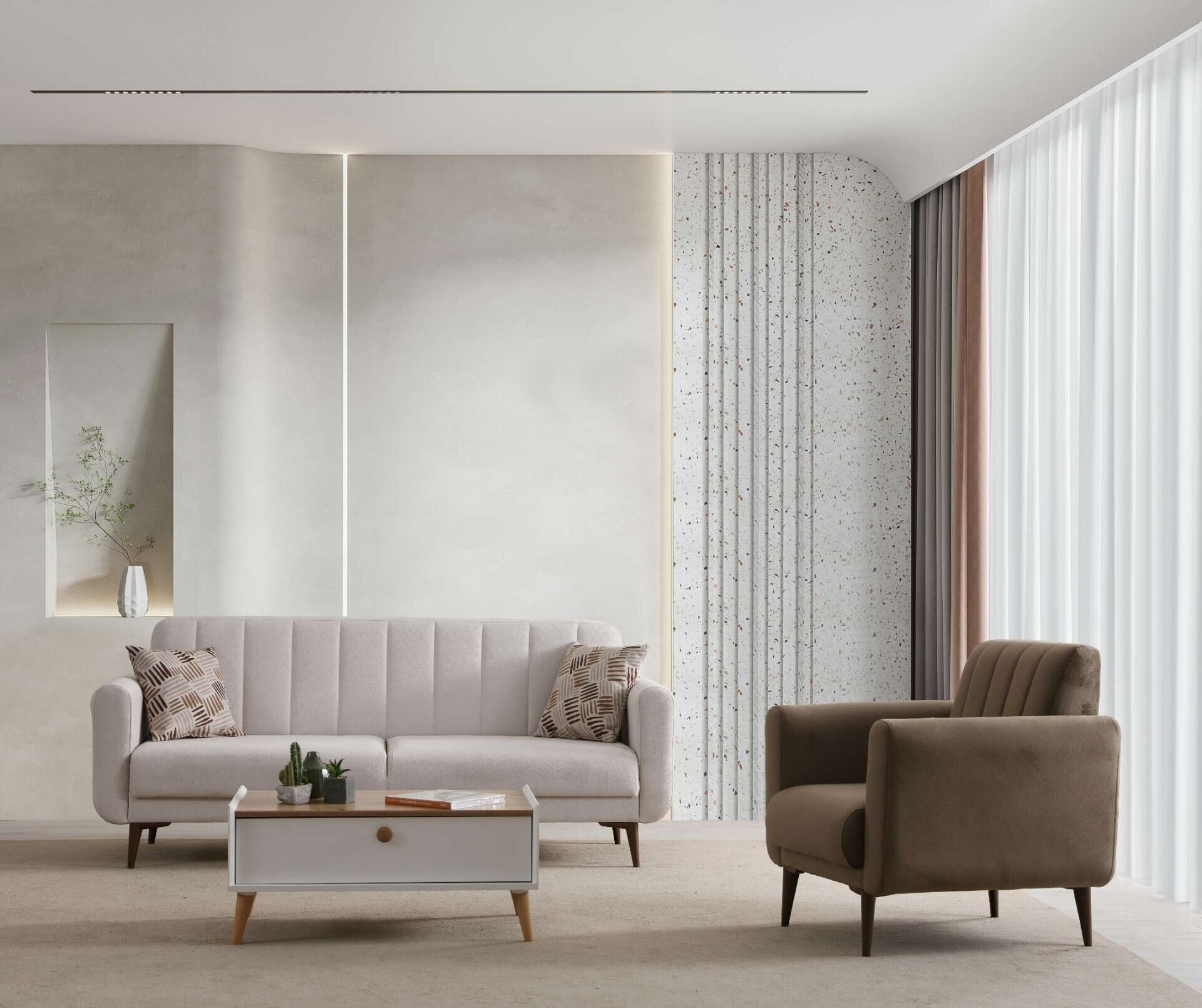 Bona 3+1 Berjer Koltuk Takımı Bej (Valebo-03-Valebo-06) Ceviz Ayak