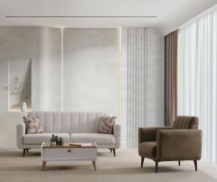 Bona 3+1 Berjer Koltuk Takımı Bej (Valebo-03-Valebo-06) Ceviz Ayak