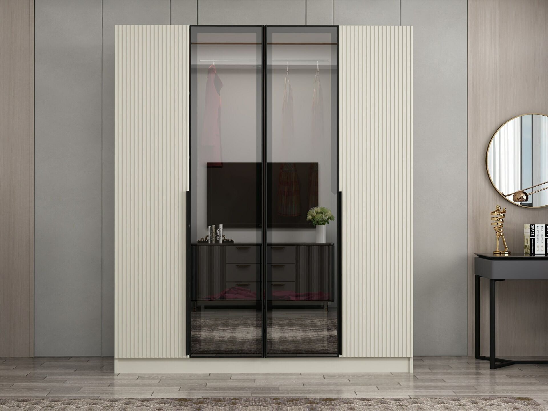 Nisa Plus 4 Kapaklı 2 Çekmece Dolap Kumtaşı Mebran Reflekte Cam