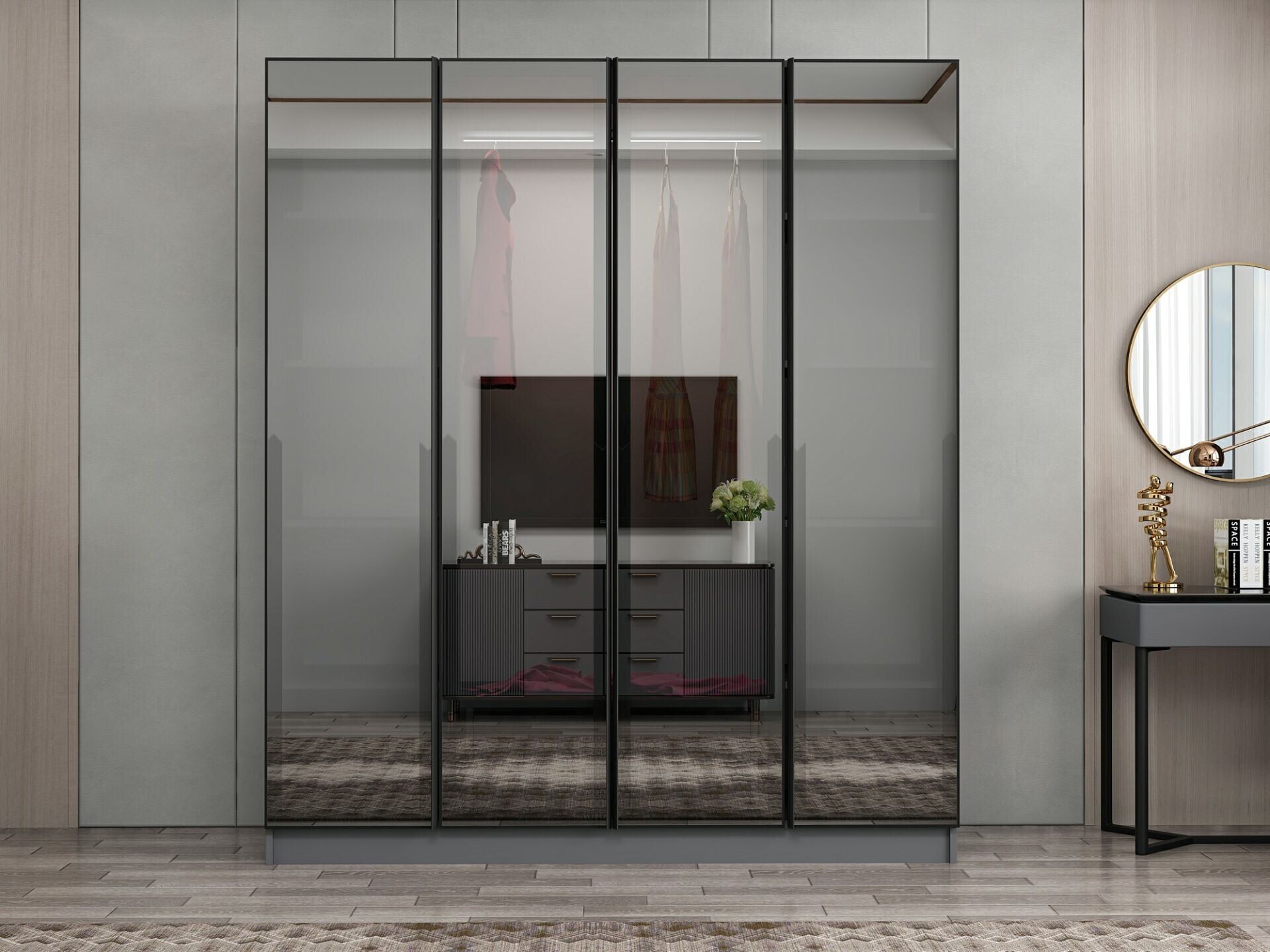 Nisa 4 Kapaklı 2 Çekmece Dolap Antrasit Reflekte Cam