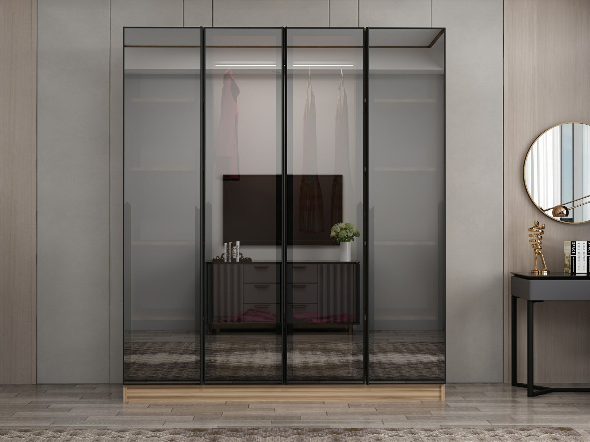 Nisa 4 Kapaklı 2 Çekmece Dolap Dore Reflekte Cam