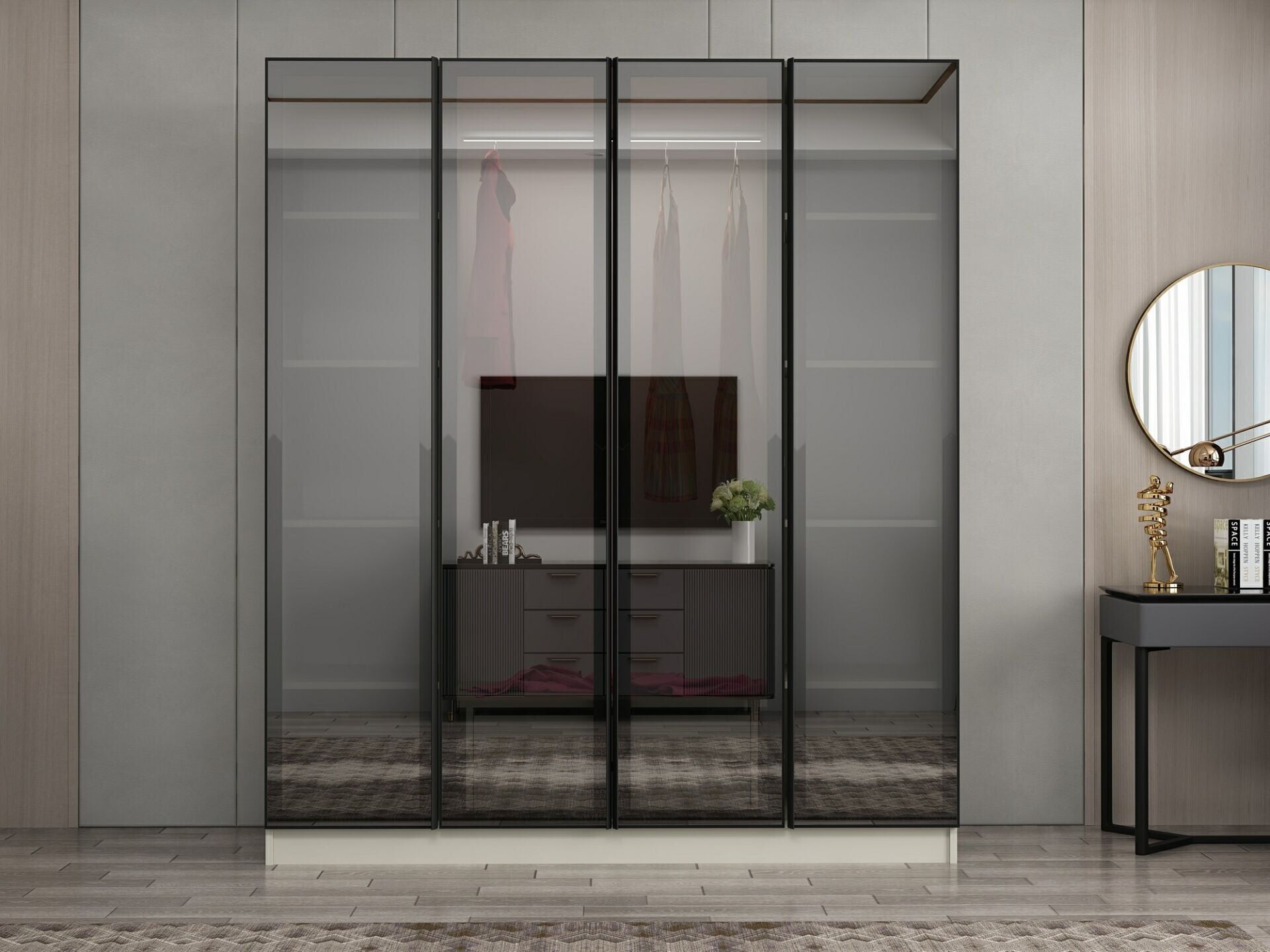 Nisa 4 Kapaklı 2 Çekmece Dolap Kumtaşı Reflekte Cam