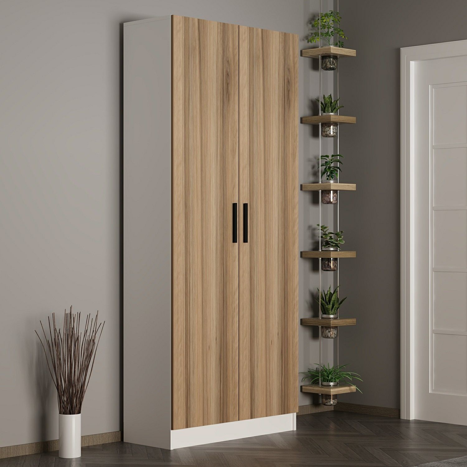 Minar Kale 210 Cm 2 Kapaklı 2B Raf Portmanto Beyaz Dore