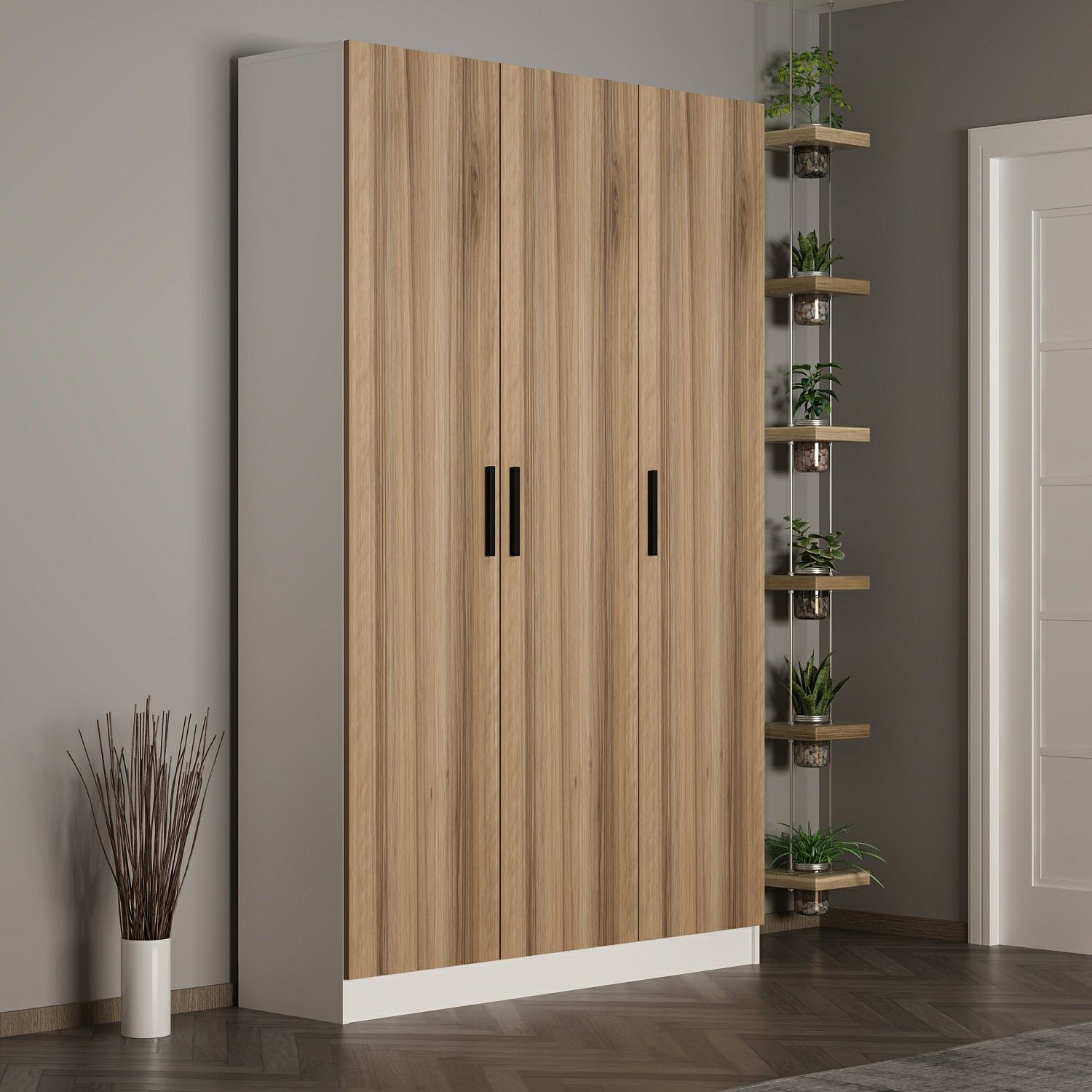 Minar Kale 210 Cm 3 Kapaklı 1B Raf Portmanto Beyaz Dore