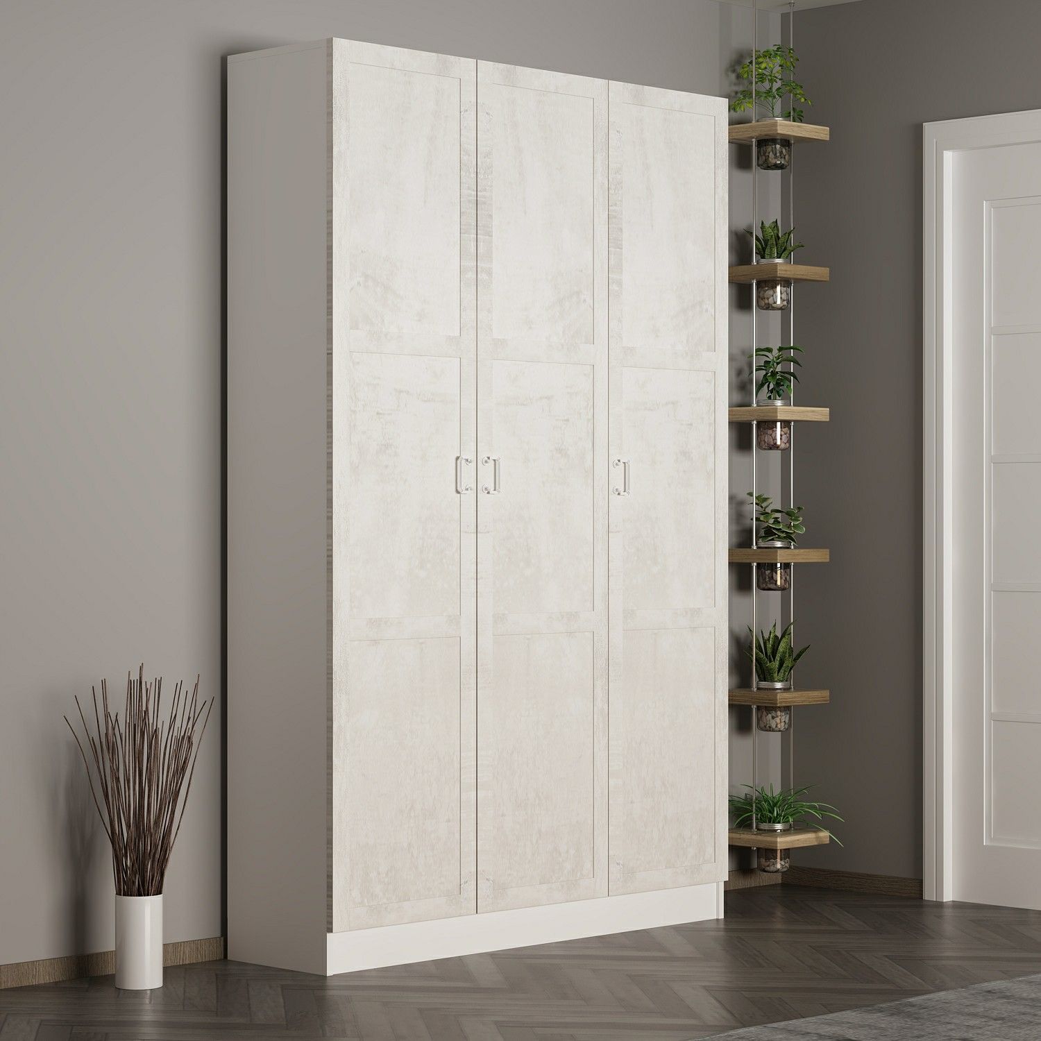 Minar Kale 210 Cm 3 Kapaklı 1B Raf Portmanto Beyaz Eskitme Beyaz