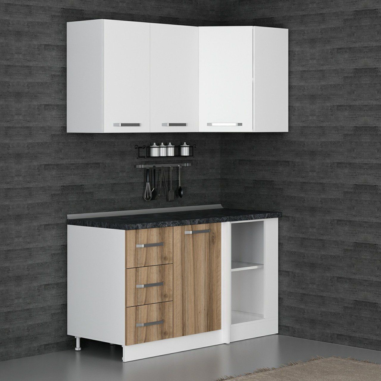 Minar 145Cm Köşe Mutfak Dolabı - Beyaz/Dore K145-D2