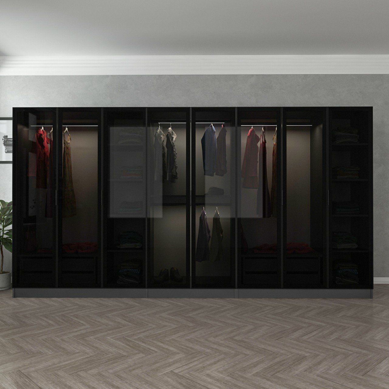 Minar Kale 8 Cam Kapaklı 4 Çekmeceli Dolap - Antrasit/Siyah