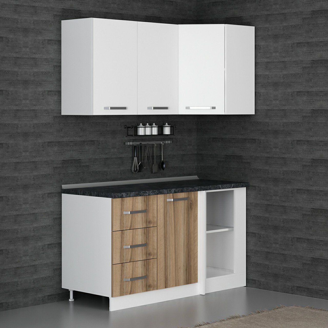 Minar 150Cm Köşe Mutfak Dolabı - Beyaz/Dore K150-D3