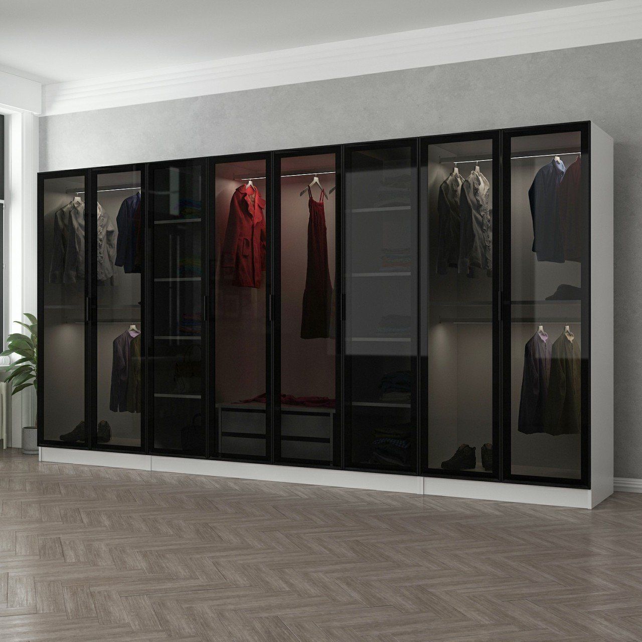 Minar Kale 8 Cam Kapaklı 2 Çekmeceli Dolap - Beyaz/Siyah