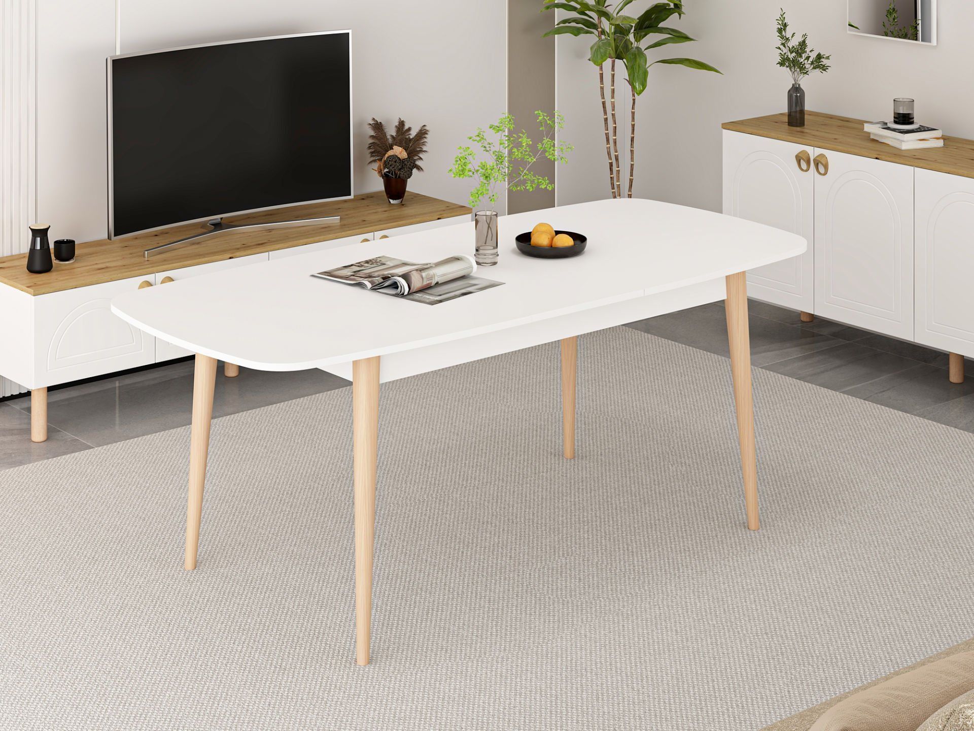 Lotus Bohem Tarz Yemek Masası - Beyaz/Ahşap Ayak