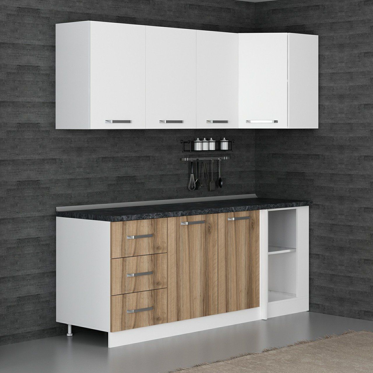 Minar 205Cm Köşe Mutfak Dolabı - Beyaz/Dore K205-D2