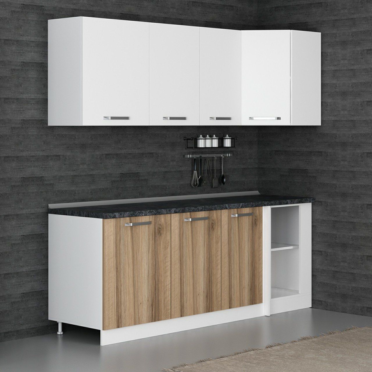 Minar 215Cm Köşe Mutfak Dolabı - Beyaz/Dore K215-D1