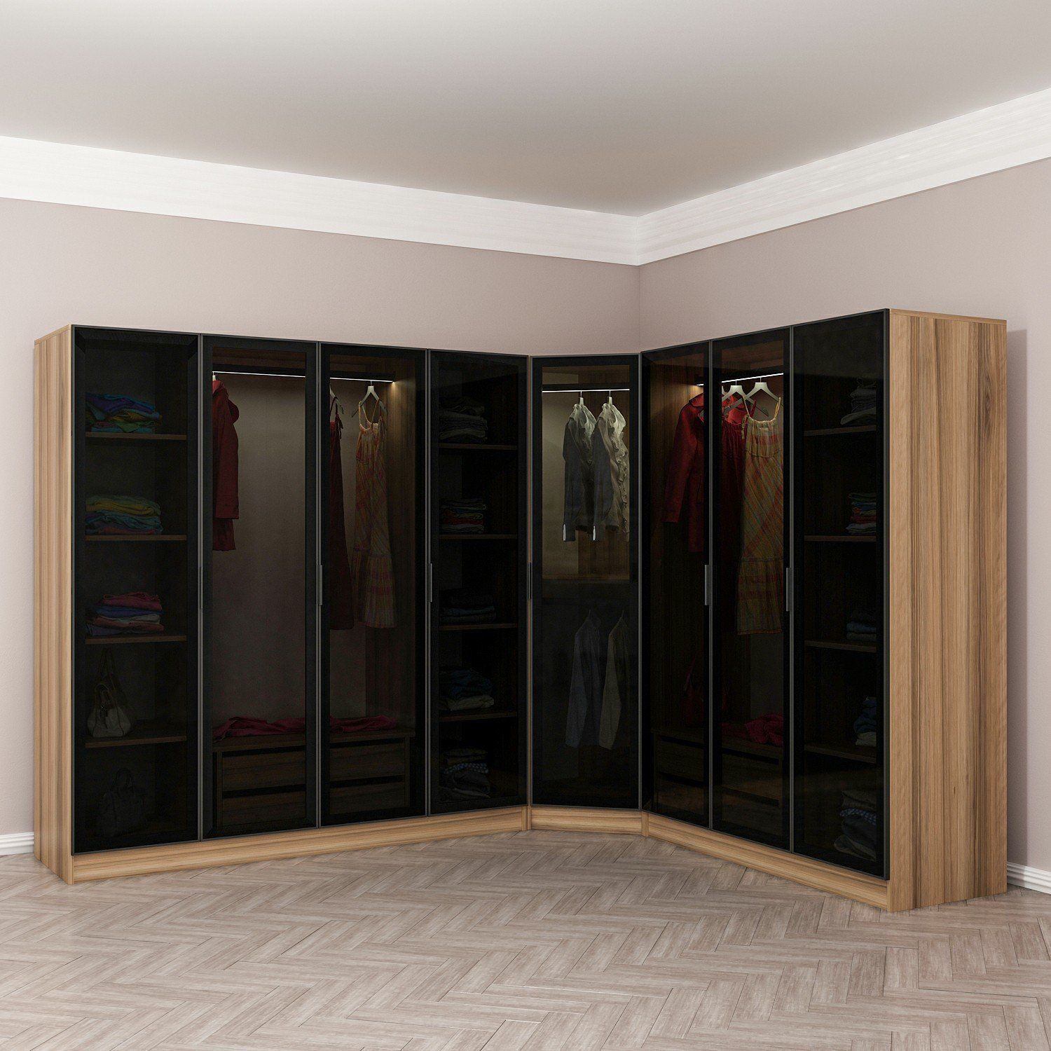 Kale 8 Füme Cam Kapaklı 4Ç Köşe Dolap Dore Füme Cam