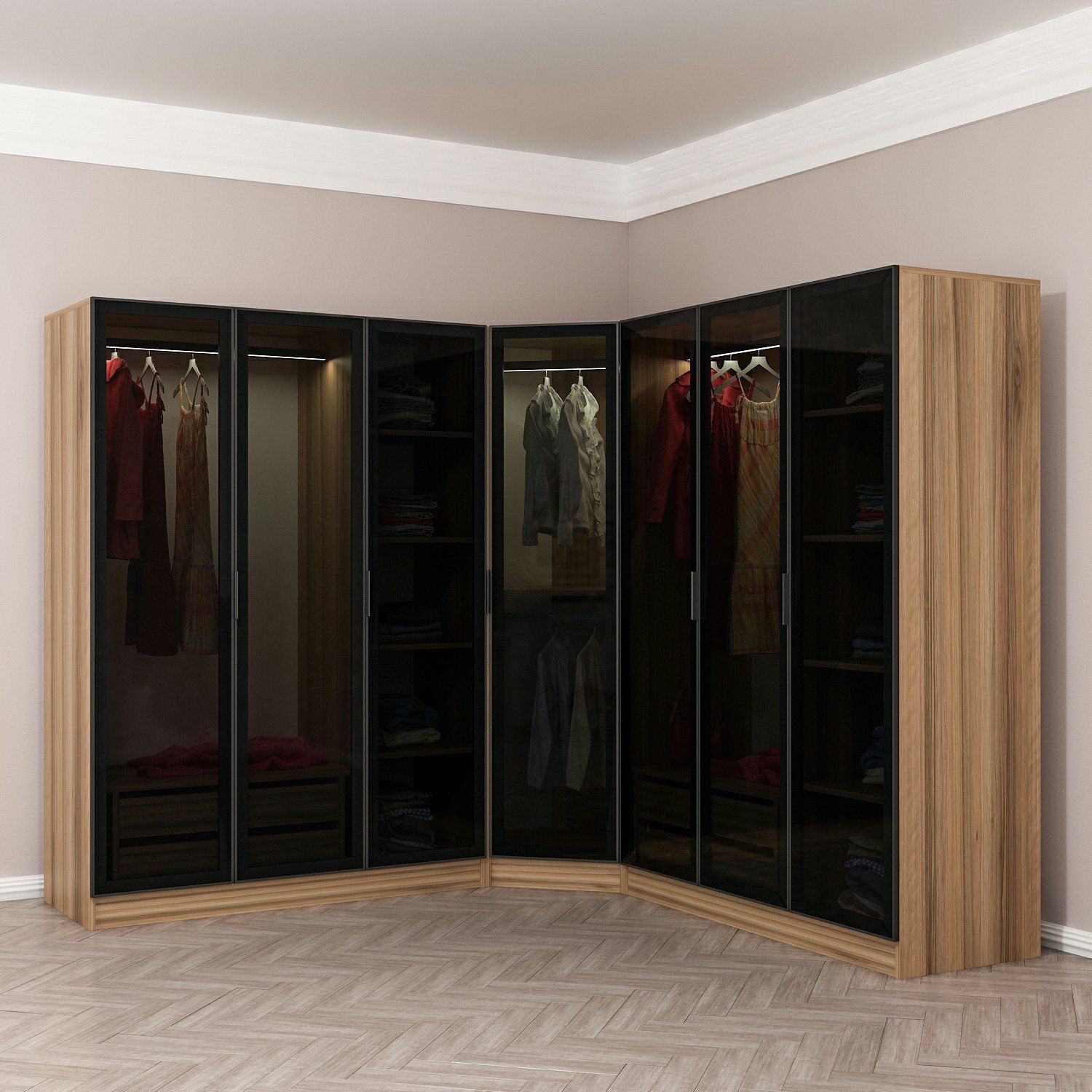 Kale 7 Füme Cam Kapaklı 4Ç Köşe Dolap Dore Füme Cam