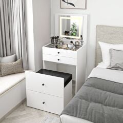 Luna Gizli Puflu Led Aynalı Makyaj Masası - Beyaz